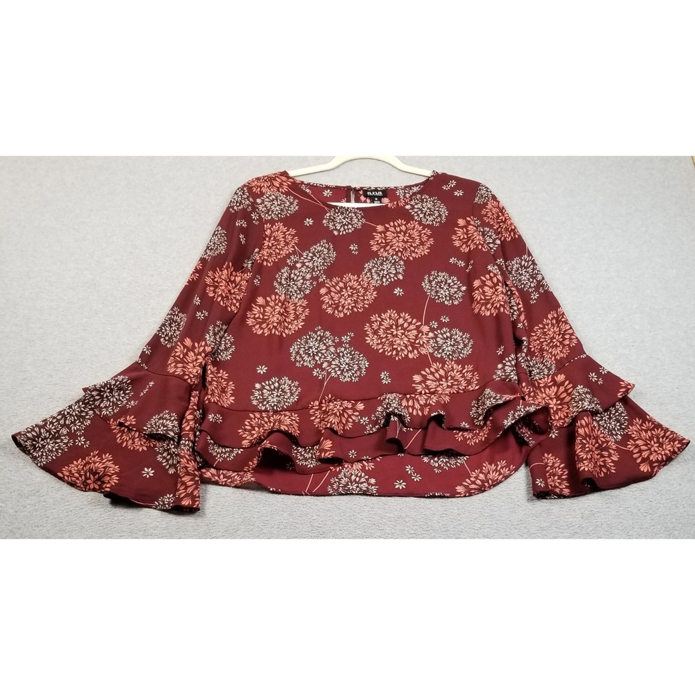 a.n.a Blouse Womens M Medium Floral Long Bell Sleeve Ruffle‎ Hem Top Spring Boho